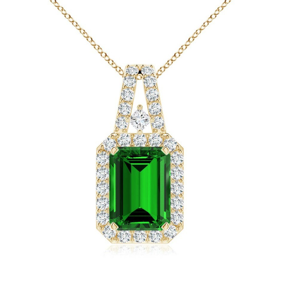 Necklaces Angara Emerald | Lab-Grown Emerald-Cut Emerald Halo Pendant