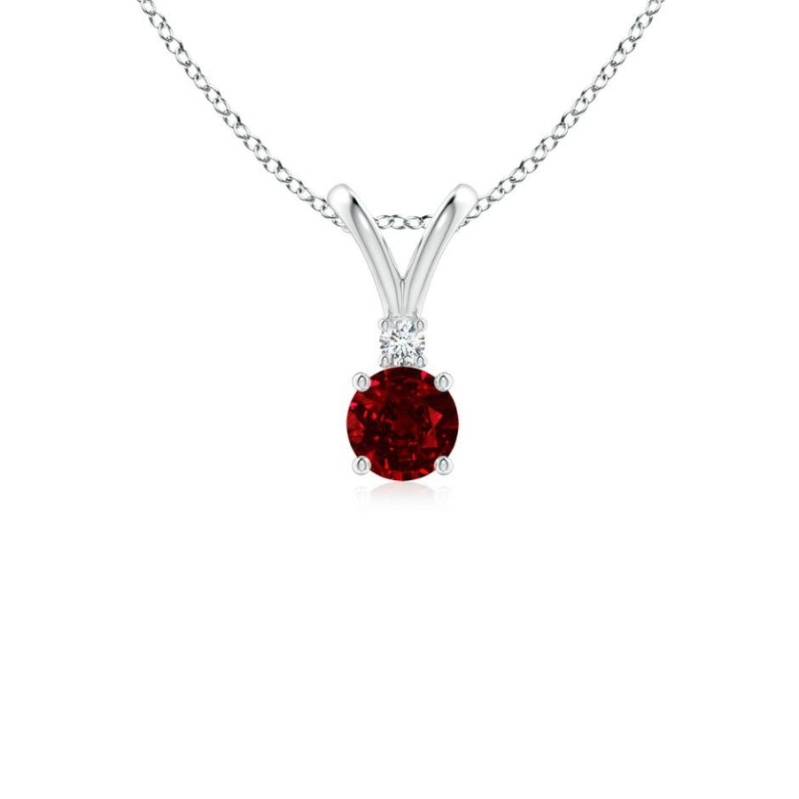 Necklaces Angara Ruby | Round Ruby Solitaire V-Bale Pendant With Diamond