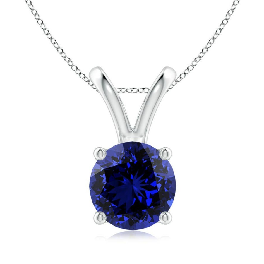 Necklaces Angara Blue Sapphire | Lab-Grown V-Bale Round Blue Sapphire Solitaire Pendant