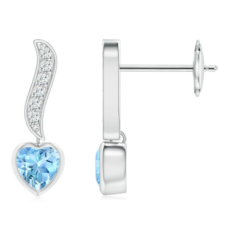 Earrings Angara Aquamarine | Heart-Shaped Aquamarine And Diamond Swirl Drop Earrings