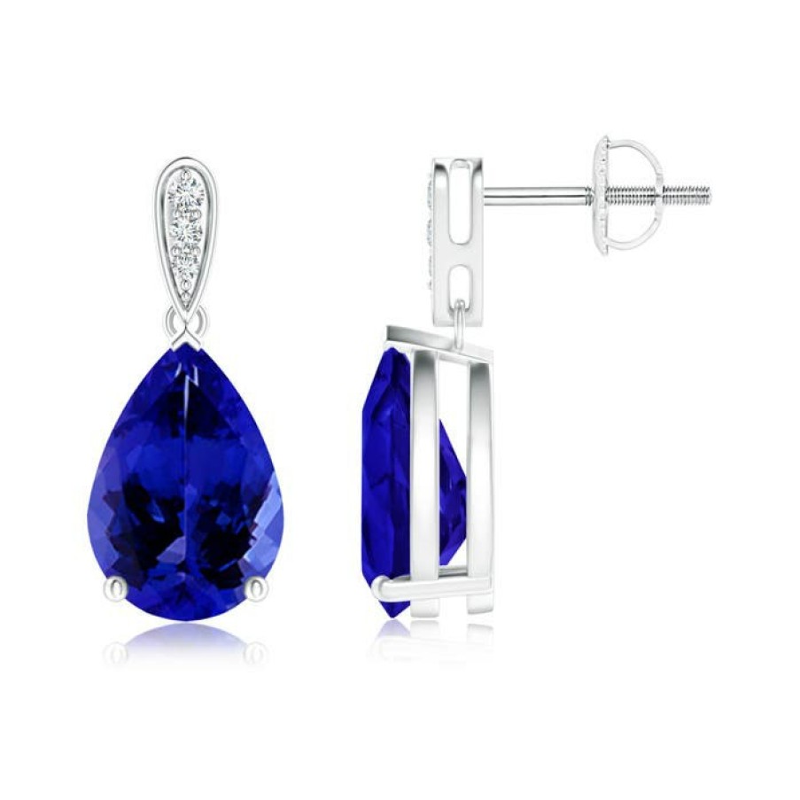 Earrings Angara Tanzanite | Pear-Shaped Solitaire Tanzanite Drop Earrings With Diamonds