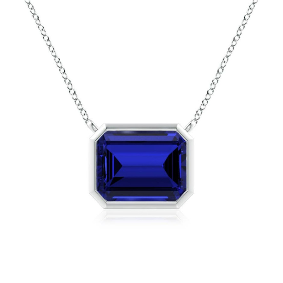 Necklaces Angara Blue Sapphire | Lab-Grown East-West Bezel-Set Emerald-Cut Blue Sapphire Pendant