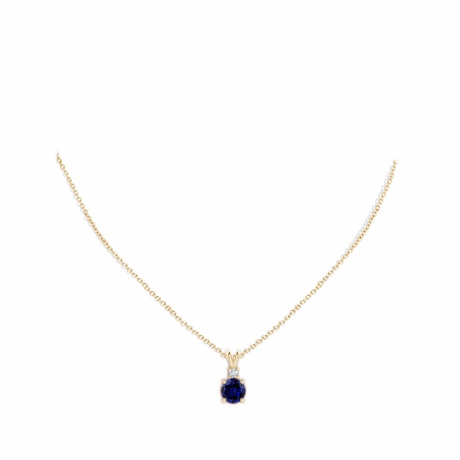 Necklaces Angara Blue Sapphire | Lab-Grown Round Blue Sapphire Solitaire V-Bale Pendant With Lab Diamond