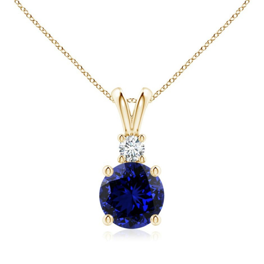 Necklaces Angara Blue Sapphire | Lab-Grown Round Blue Sapphire Solitaire V-Bale Pendant With Lab Diamond