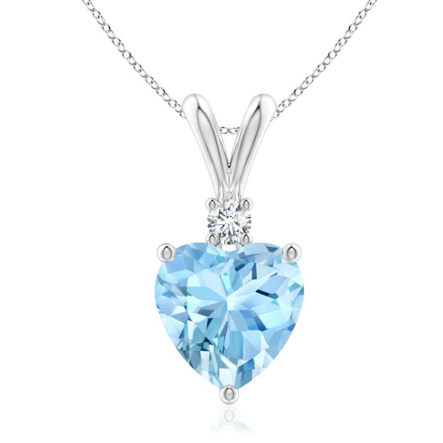 Necklaces Angara Aquamarine | Heart-Shaped Aquamarine V-Bale Pendant With Diamond