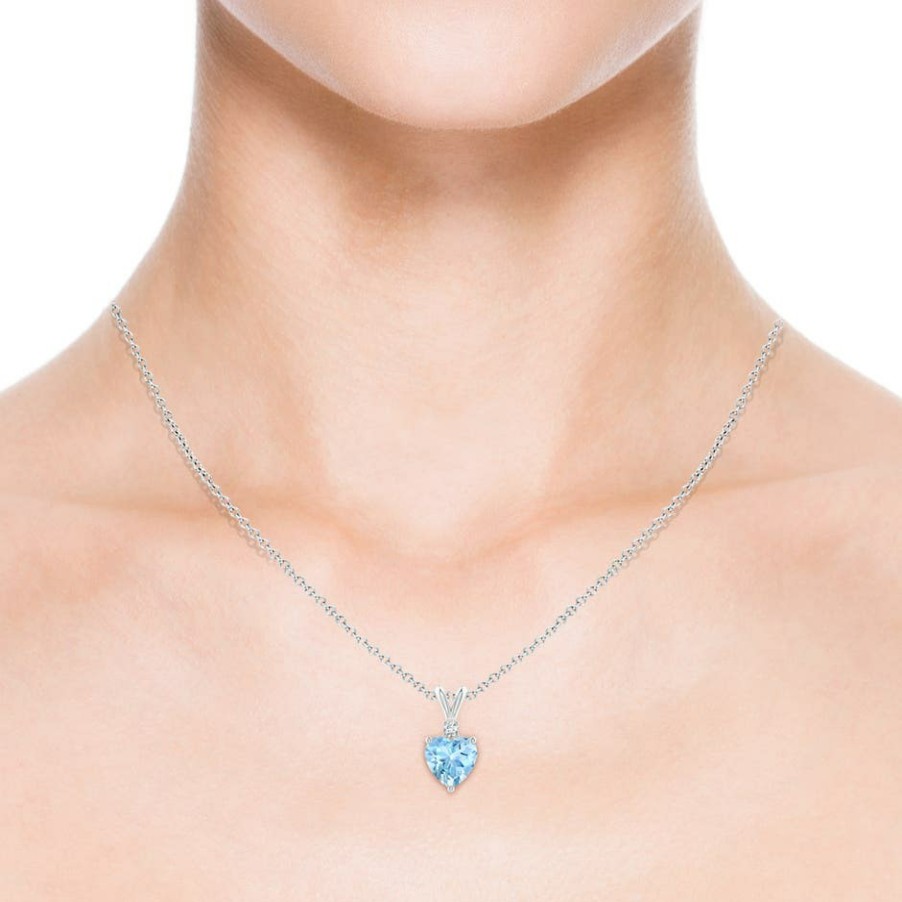 Necklaces Angara Aquamarine | Heart-Shaped Aquamarine V-Bale Pendant With Diamond