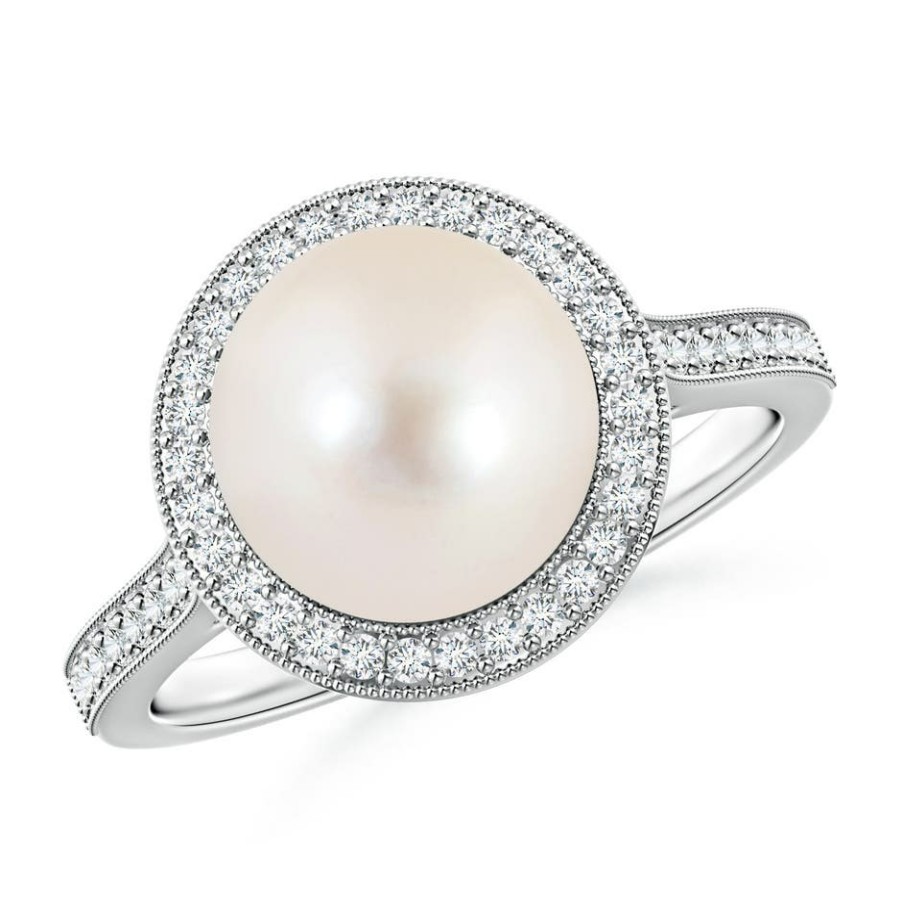 Rings Angara Freshwater Pearl | Freshwater Pearl Halo Ring With Milgrain