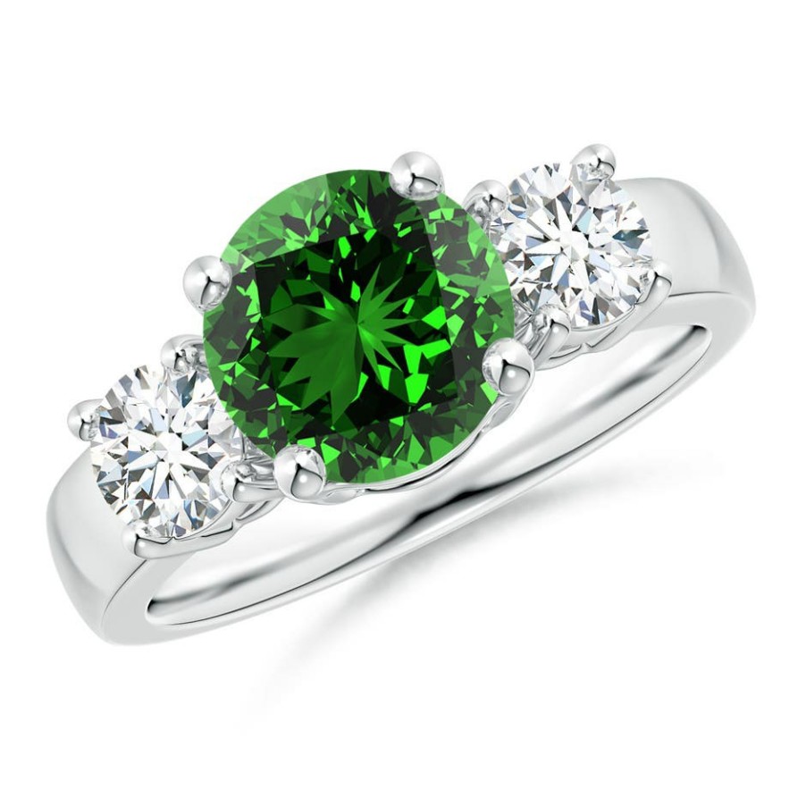 Rings Angara Emerald | Lab-Grown Classic Emerald And Lab Diamond Three Stone Engagement Ring