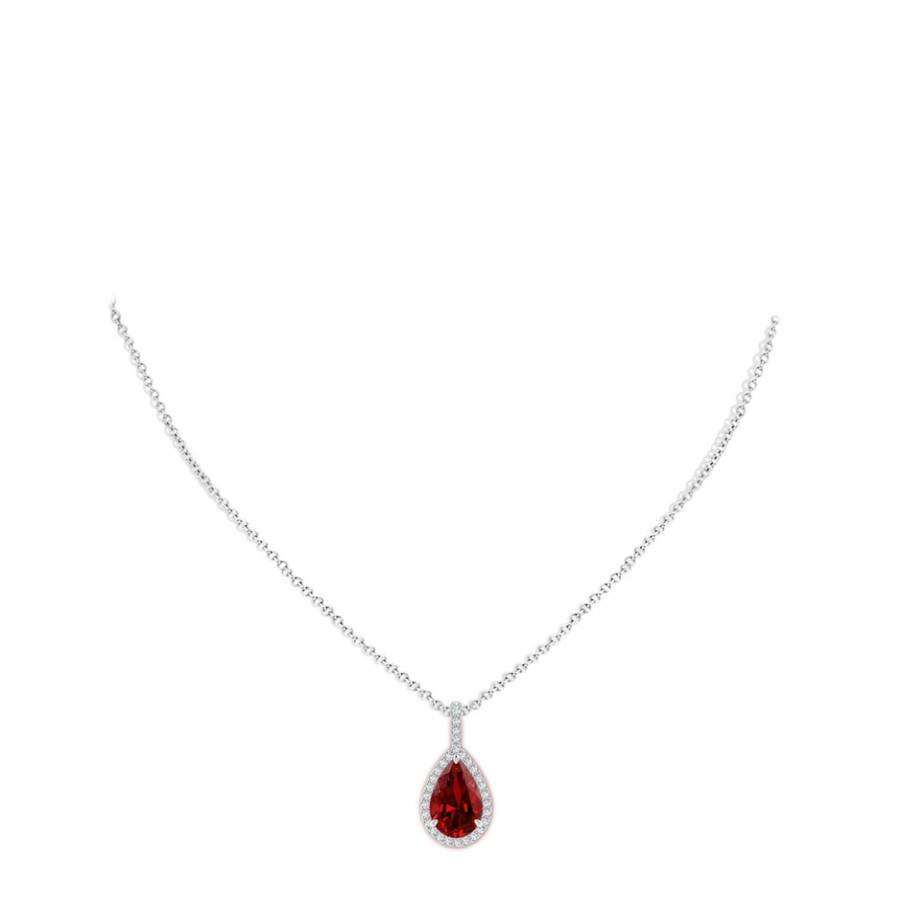 Necklaces Angara Ruby | Lab-Grown Ruby Teardrop Pendant With Lab Diamond Halo