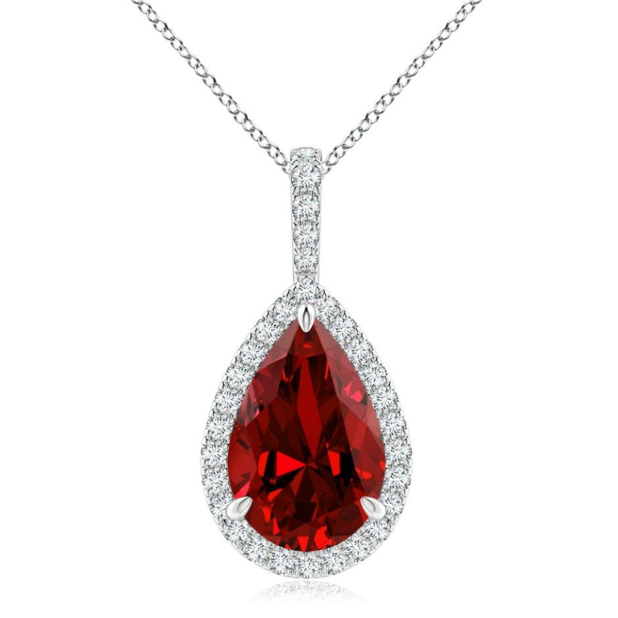 Necklaces Angara Ruby | Lab-Grown Ruby Teardrop Pendant With Lab Diamond Halo