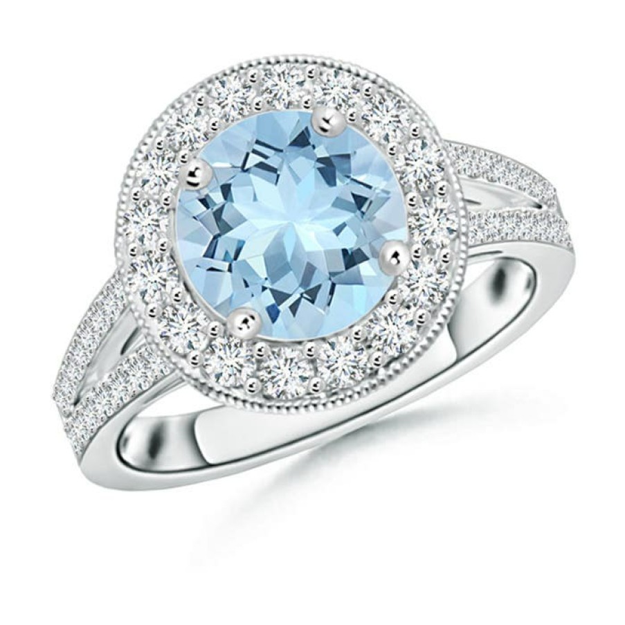 Rings Angara Aquamarine | Round Aquamarine Split Shank Ring With Diamond Halo