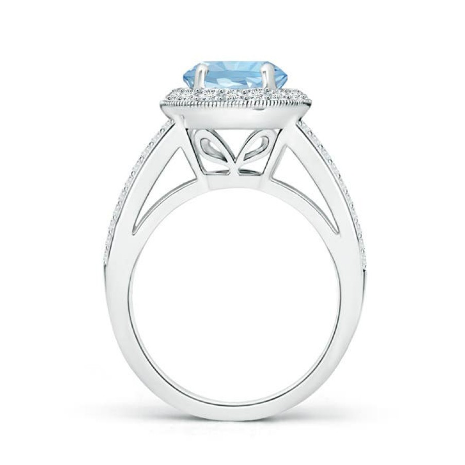 Rings Angara Aquamarine | Round Aquamarine Split Shank Ring With Diamond Halo