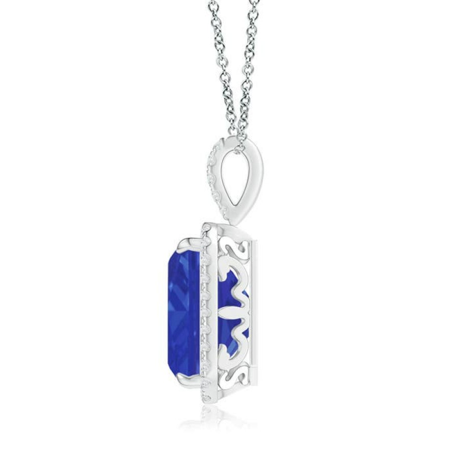 Necklaces Angara Tanzanite | Emerald-Cut Tanzanite Halo Pendant With Diamond Accents