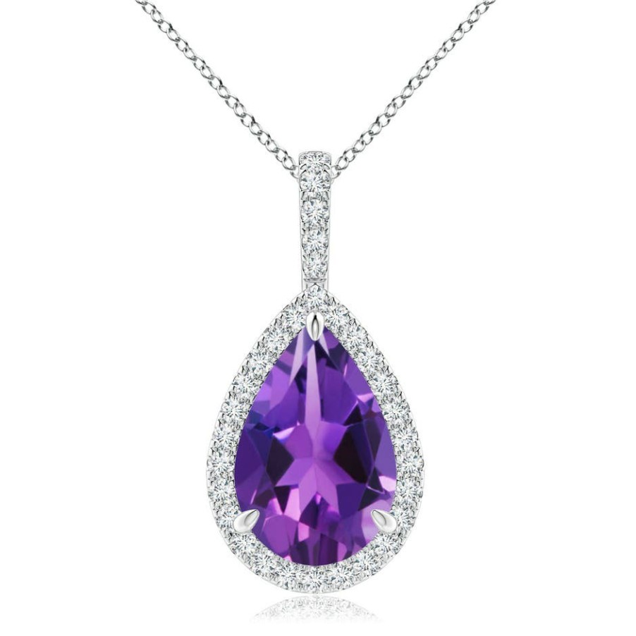 Necklaces Angara Amethyst | Amethyst Teardrop Pendant With Diamond Halo