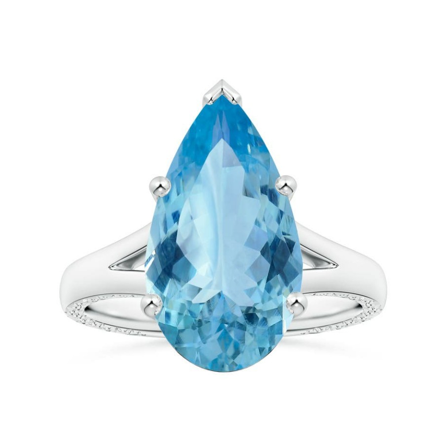 Rings Angara Aquamarine | Gia Certified Solitaire Pear-Shaped Aquamarine Split Shank Ring With Scrollwork