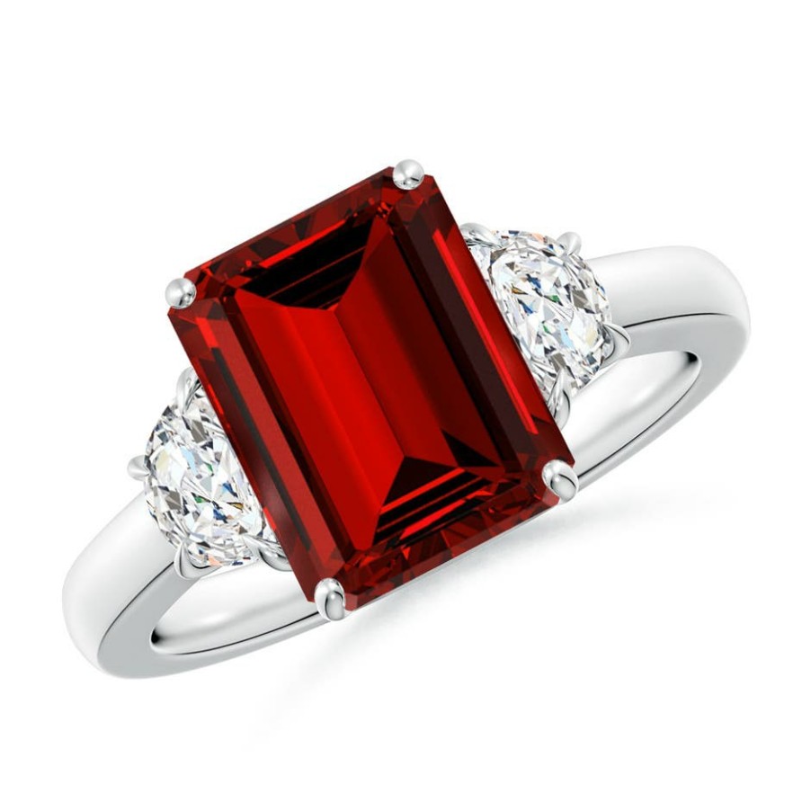 Rings Angara Ruby | Lab-Grown Emerald-Cut Ruby And Half Moon Diamond Three Stone Ring