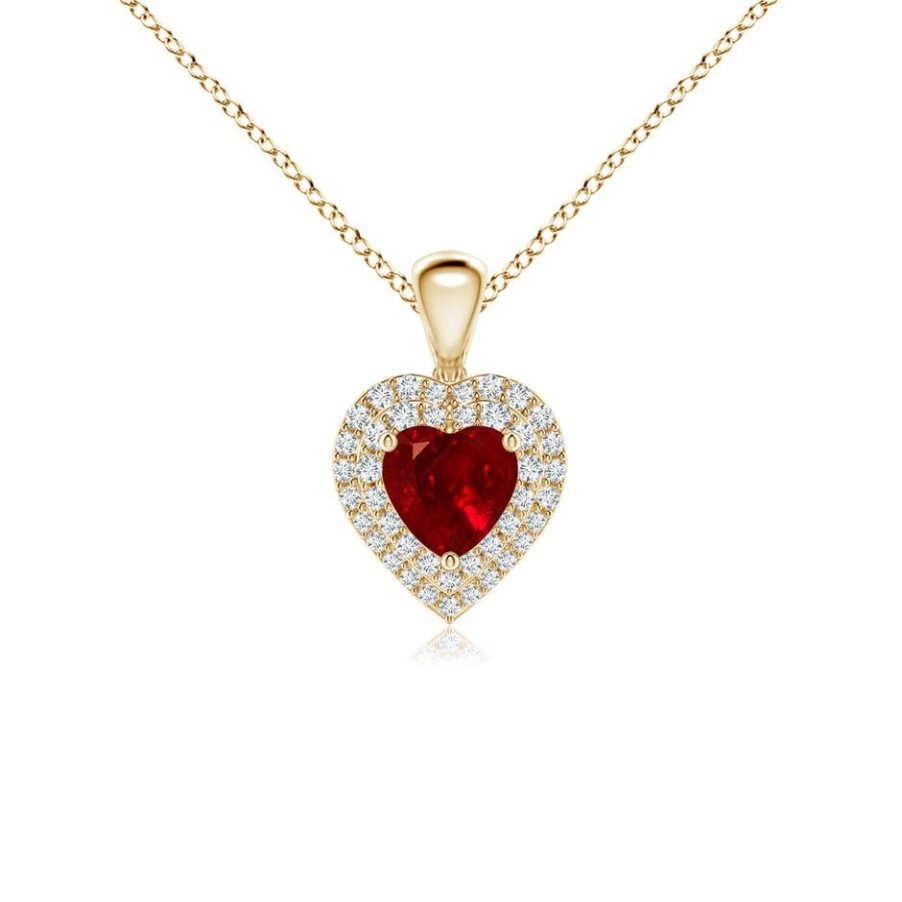 Necklaces Angara Ruby | Ruby Heart Pendant With Diamond Double Halo