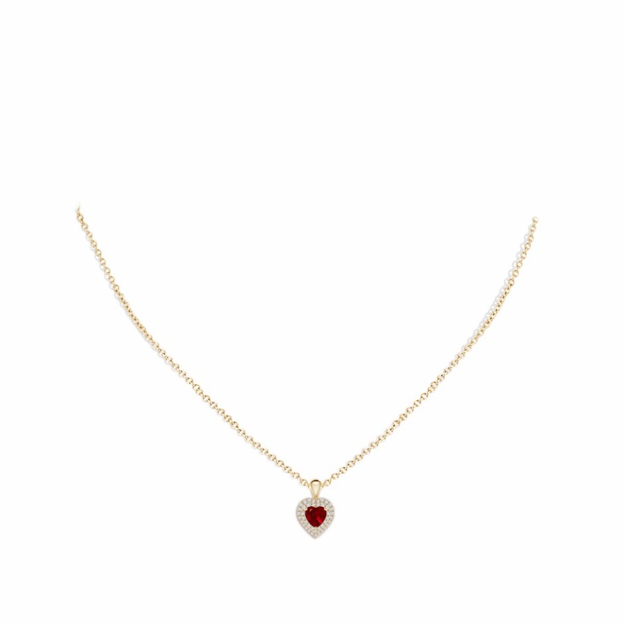 Necklaces Angara Ruby | Ruby Heart Pendant With Diamond Double Halo