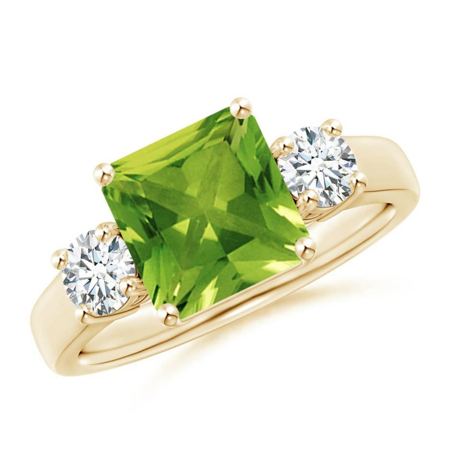 Rings Angara Peridot | Square Emerald-Cut Peridot And Diamond Three Stone Ring