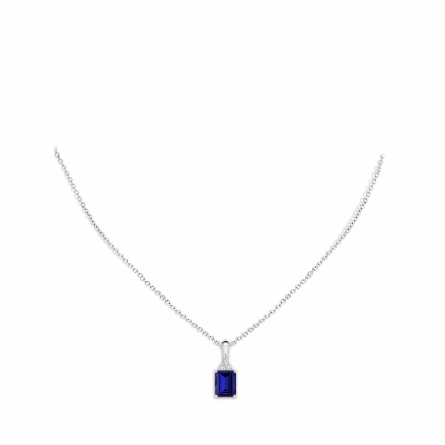 Necklaces Angara Blue Sapphire | Lab-Grown Emerald-Cut Blue Sapphire Pendant With Lab Diamond Trio