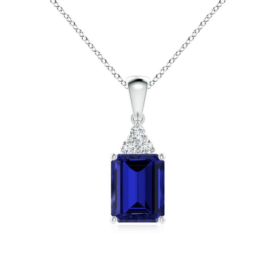 Necklaces Angara Blue Sapphire | Lab-Grown Emerald-Cut Blue Sapphire Pendant With Lab Diamond Trio