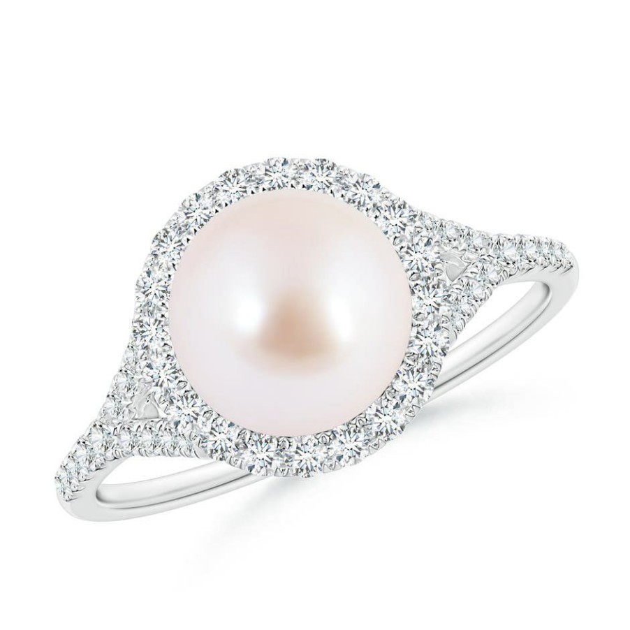 Rings Angara Akoya Pearl | Japanese Akoya Pearl Split Shank Ring With Halo