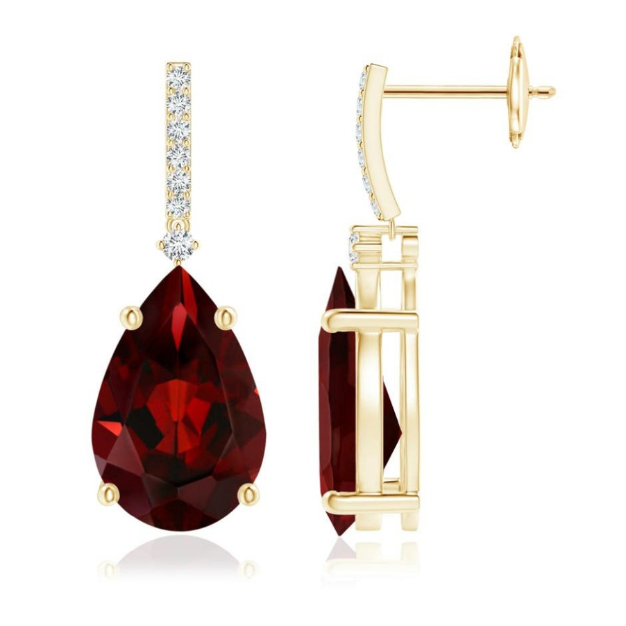 Earrings Angara Garnet | Solitaire Pear Garnet Drop Earrings With Diamonds