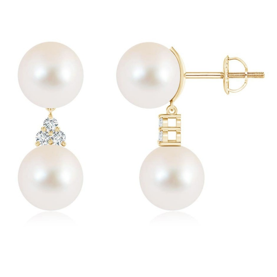 Earrings Angara Freshwater Pearl | Freshwater Pearl Drop Earrings With Trio Diamonds