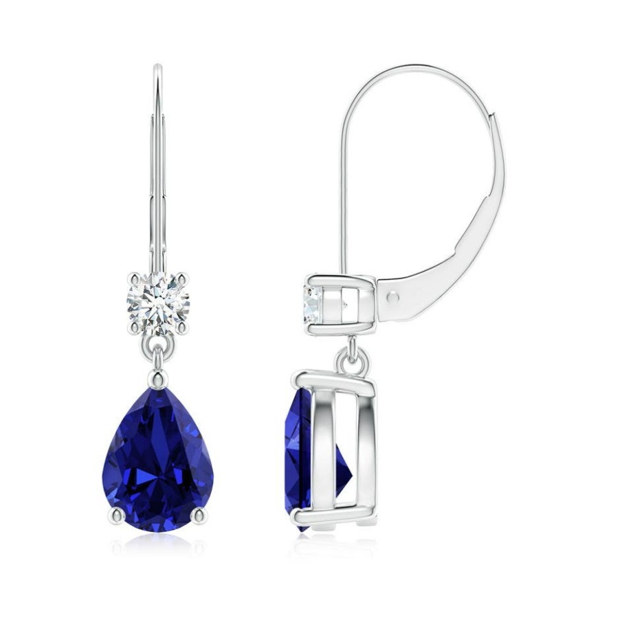 Earrings Angara Blue Sapphire | Lab-Grown Pear Sapphire Leverback Drop Earrings With Lab Diamond