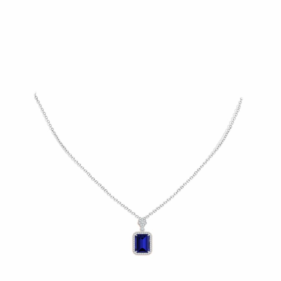 Necklaces Angara Blue Sapphire | Lab-Grown Emerald Cut Blue Sapphire Pendant With Floral Bale