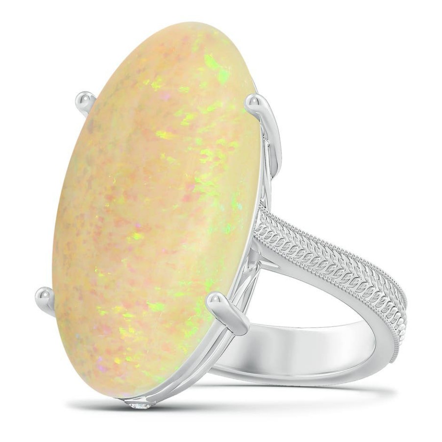 Rings Angara Opal | Prong-Set Gia Certified Solitaire Oval Opal Ring With Leaf Motifs