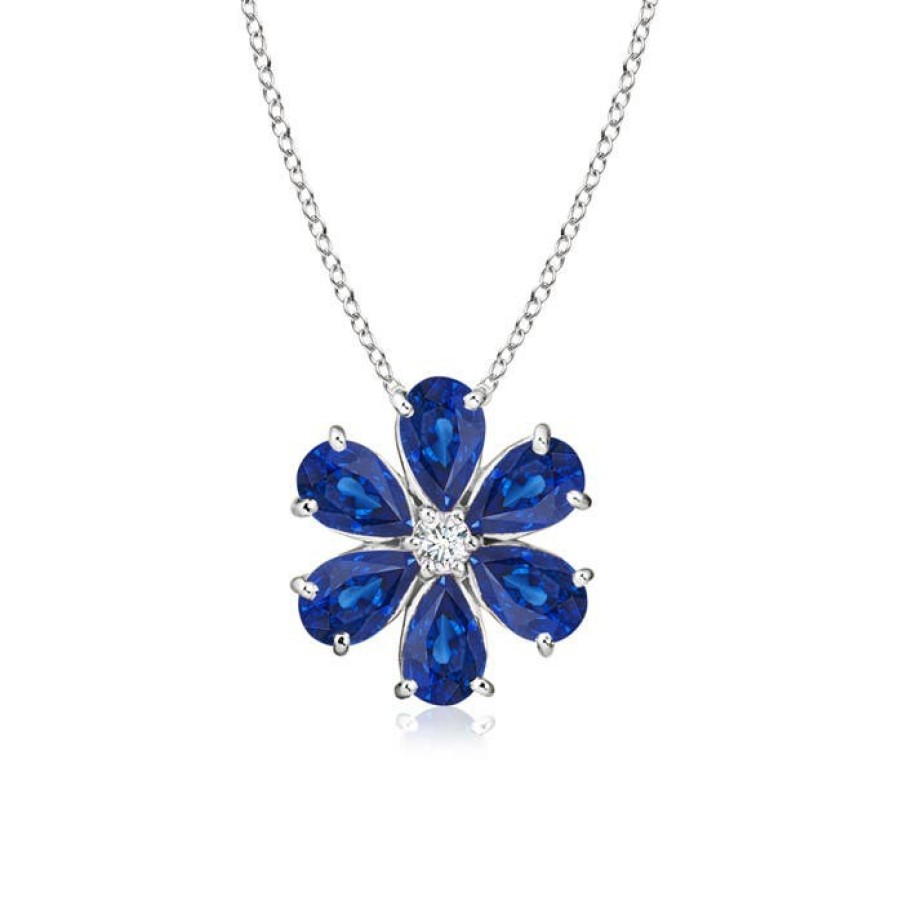 Necklaces Angara Blue Sapphire | Blue Sapphire Flower Cluster Pendant With Diamond