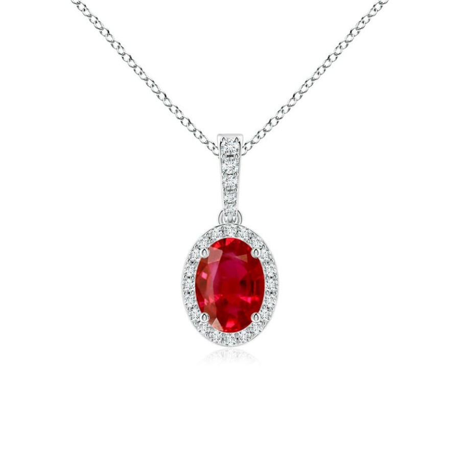 Necklaces Angara Ruby | Vintage Style Oval Ruby Halo Pendant