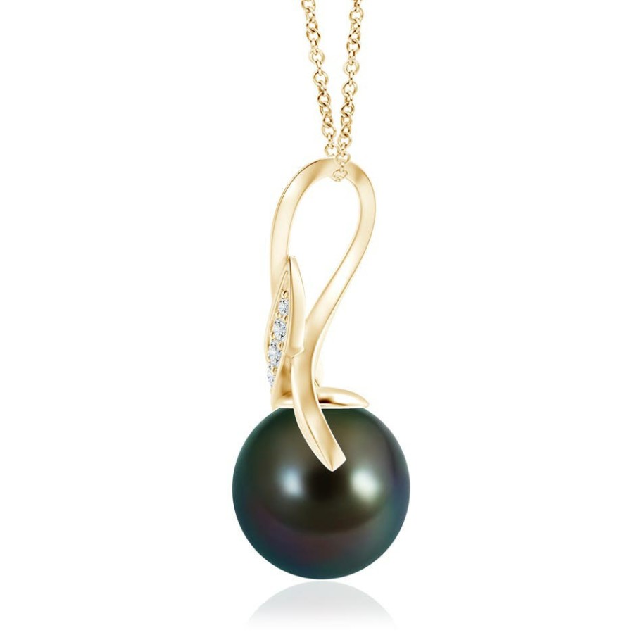 Necklaces Angara Tahitian Pearl | Tahitian Pearl And Diamond Swirl Bale Pendant