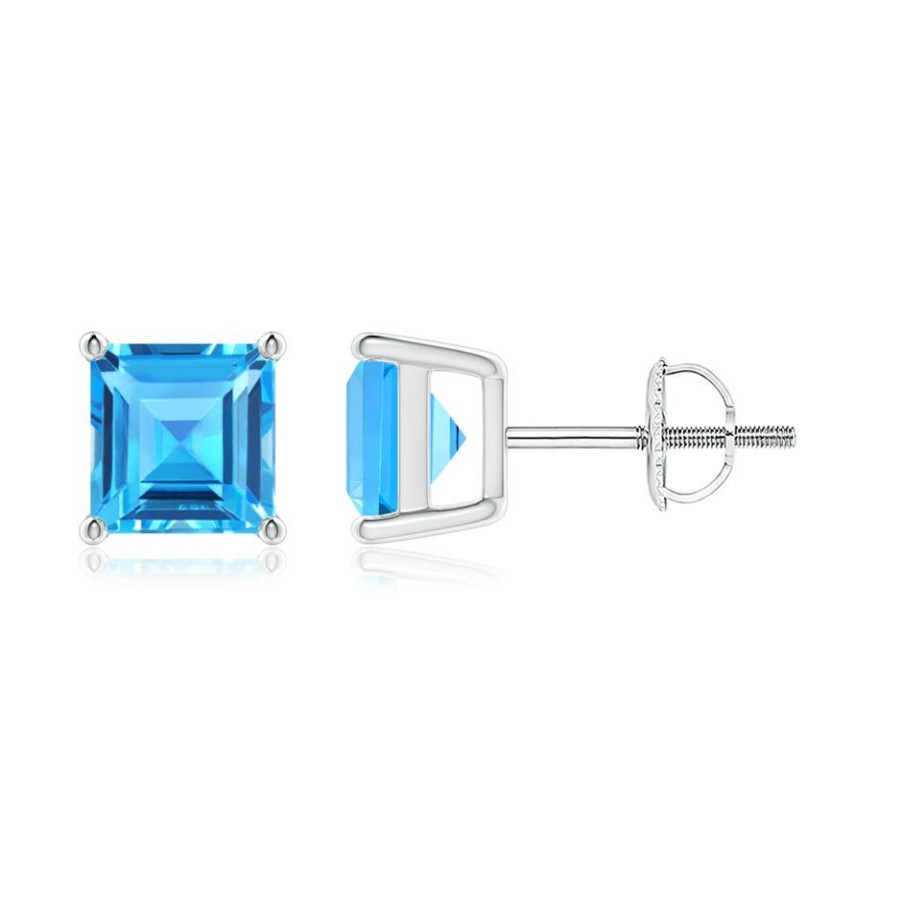 Earrings Angara Swiss Blue Topaz | Classic Basket-Set Square Swiss Blue Topaz Stud Earrings