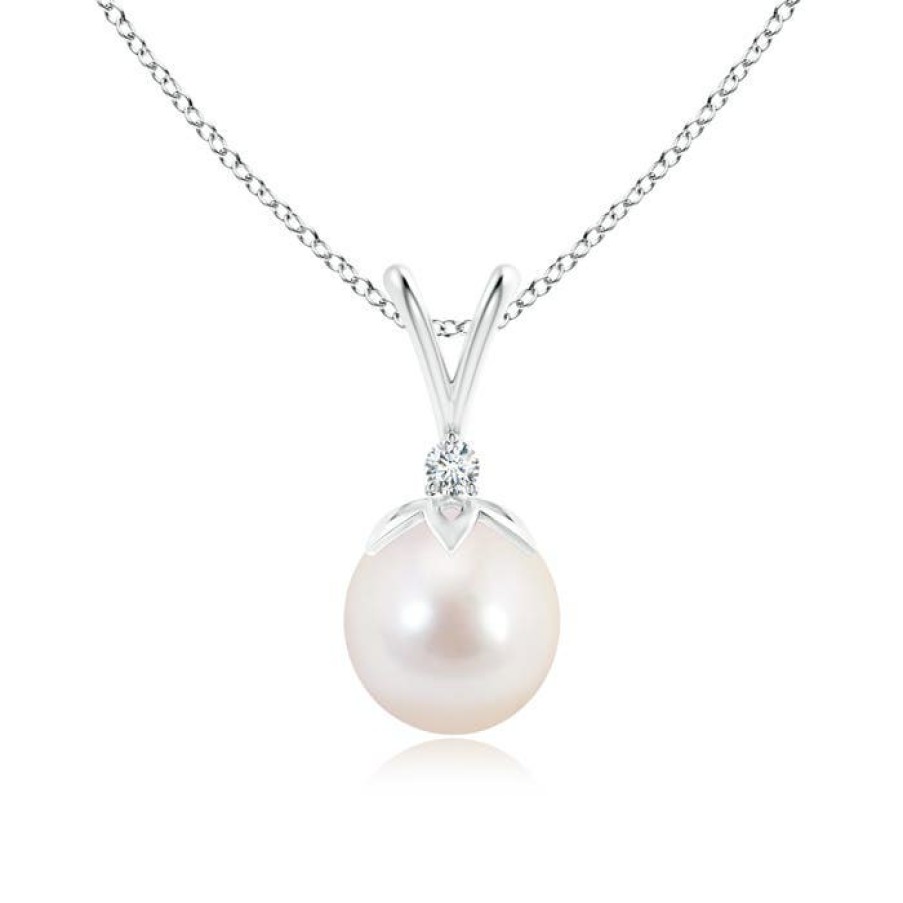 Necklaces Angara Akoya Pearl | Japanese Akoya Pearl V-Bale Pendant With Diamond