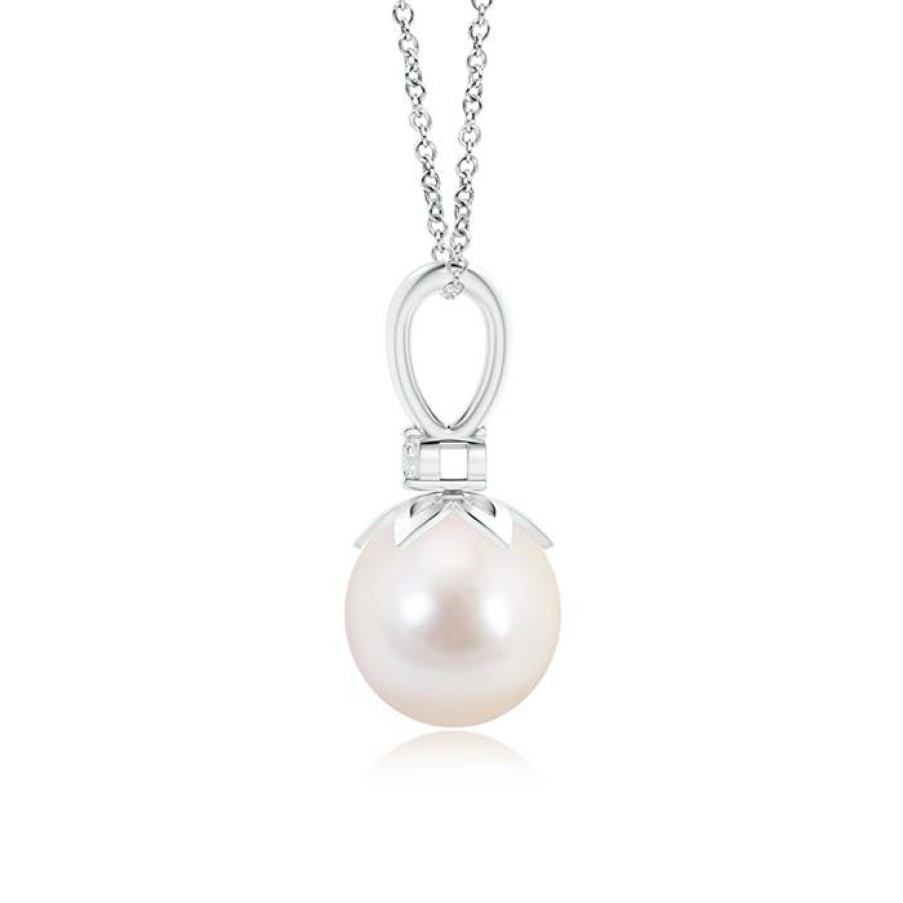 Necklaces Angara Akoya Pearl | Japanese Akoya Pearl V-Bale Pendant With Diamond