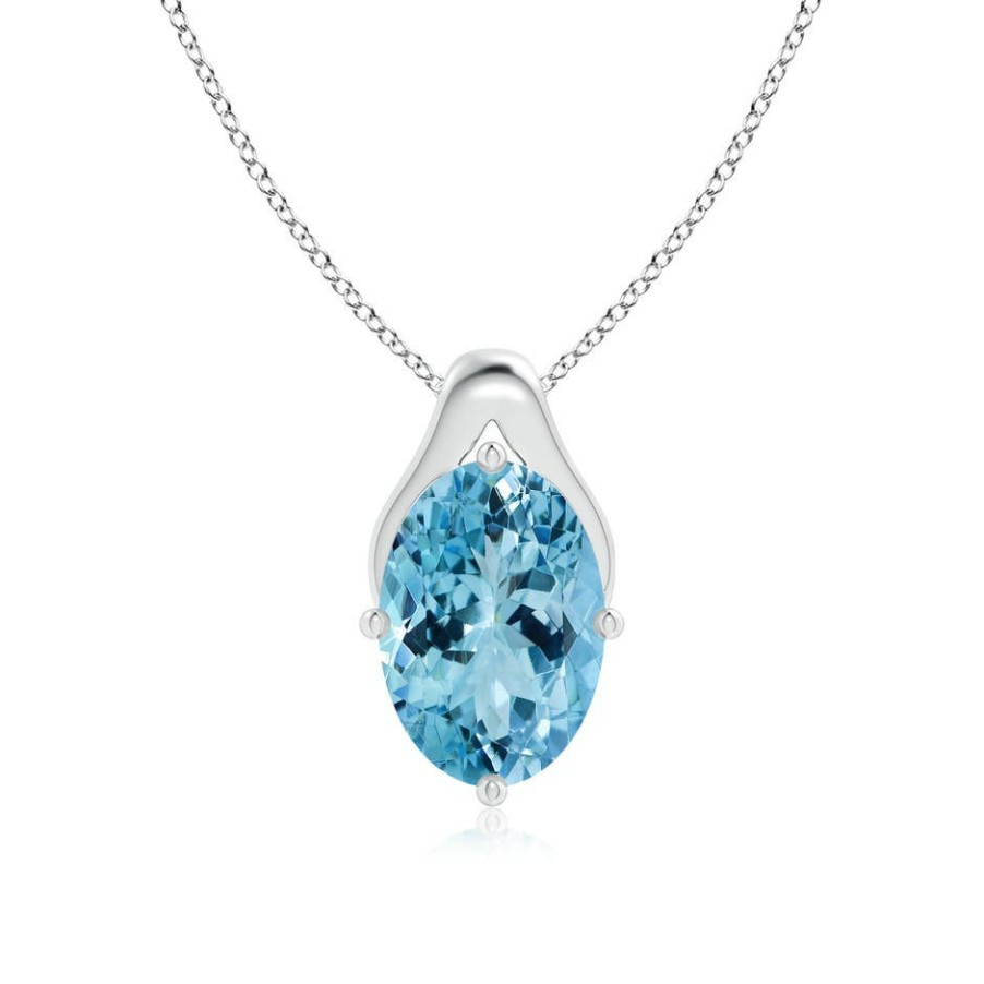 Necklaces Angara Aquamarine | Gia Certified Oval Aquamarine Wishbone Pendant