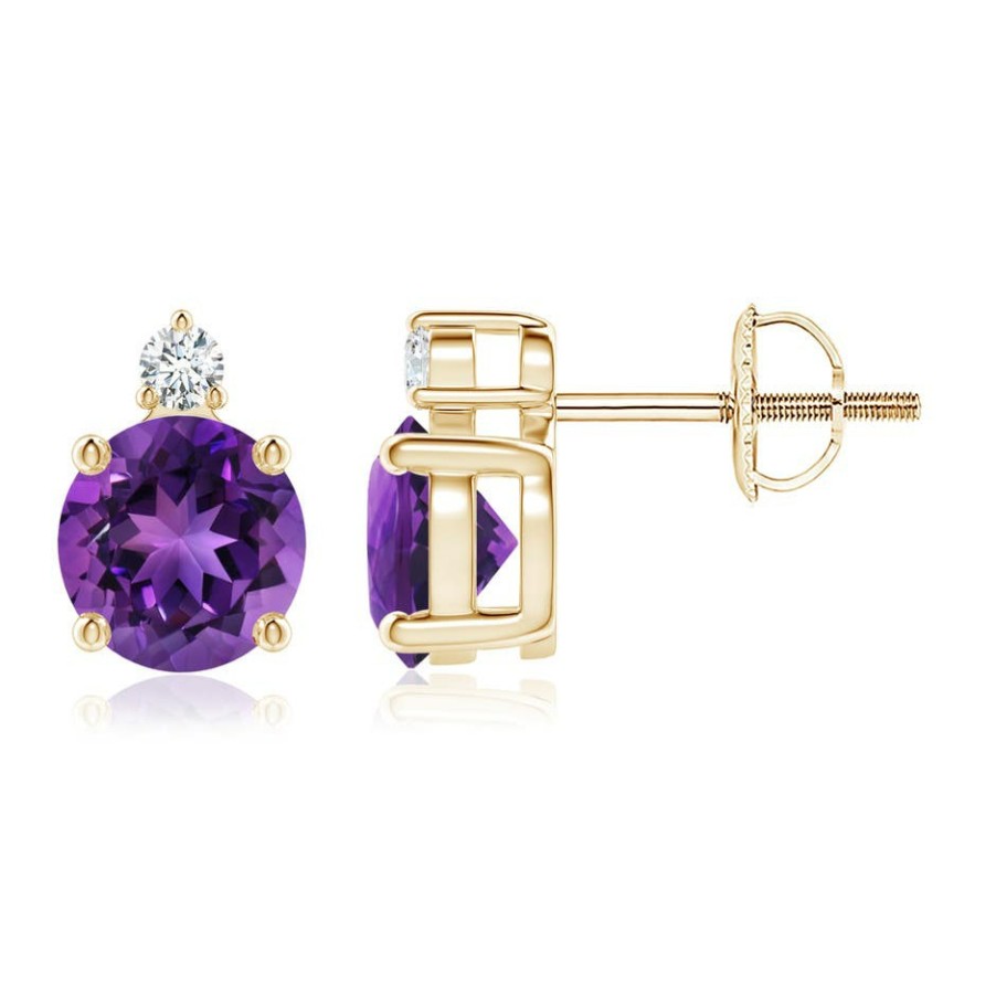 Earrings Angara Amethyst | Basket-Set Round Amethyst Stud Earrings With Diamond