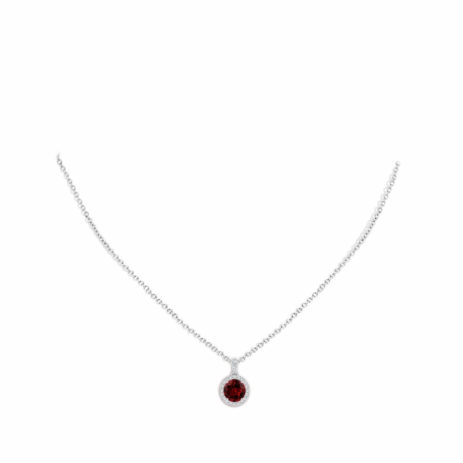 Necklaces Angara Ruby | Lab-Grown Round Ruby Dangle Pendant With Lab Diamond Halo