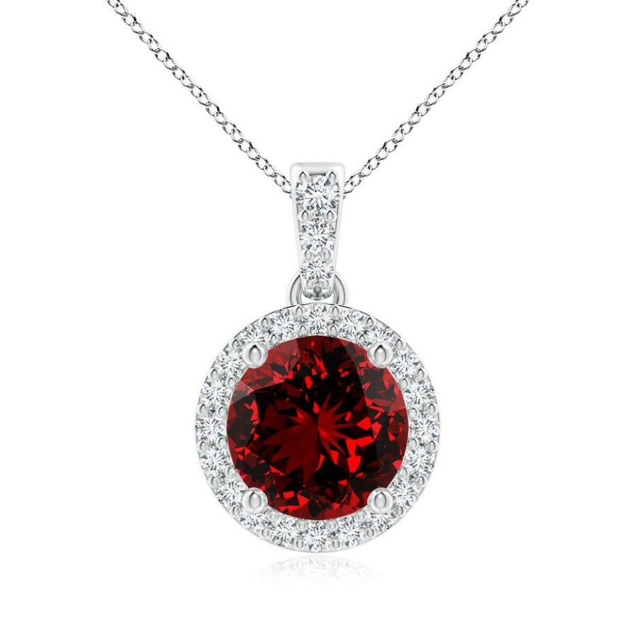 Necklaces Angara Ruby | Lab-Grown Round Ruby Dangle Pendant With Lab Diamond Halo