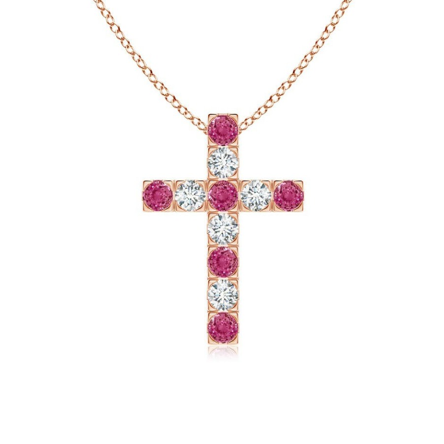 Necklaces Angara Pink Sapphire | Flat Prong-Set Pink Sapphire And Diamond Cross Pendant