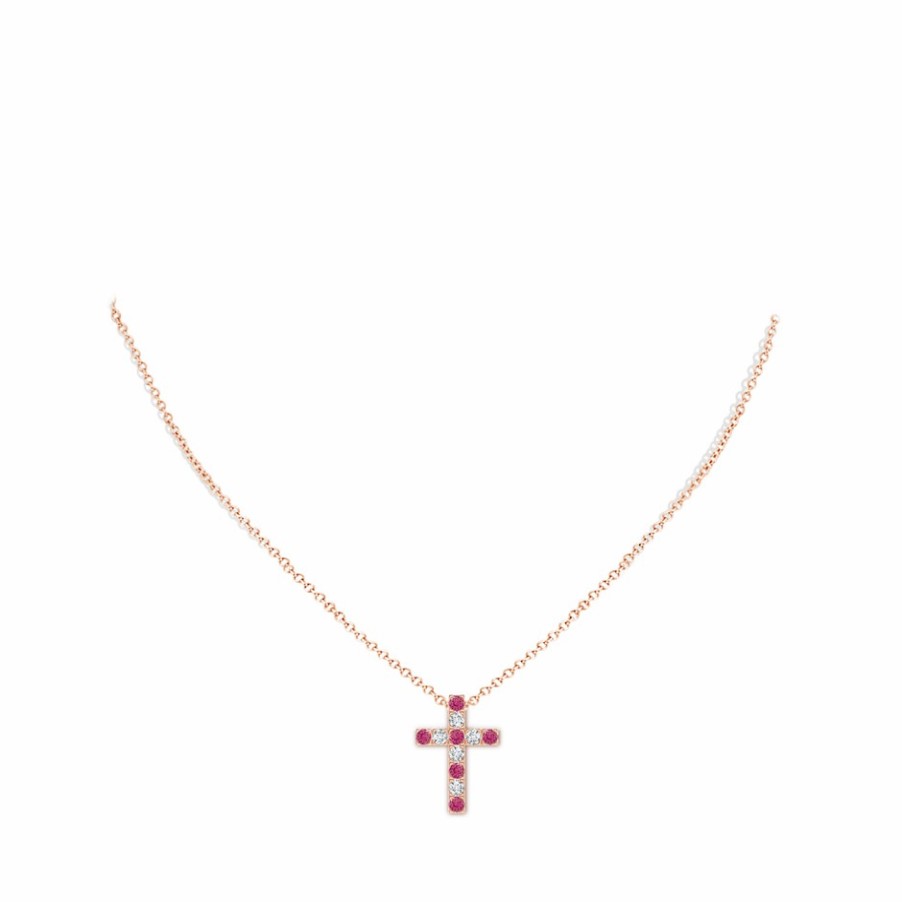 Necklaces Angara Pink Sapphire | Flat Prong-Set Pink Sapphire And Diamond Cross Pendant