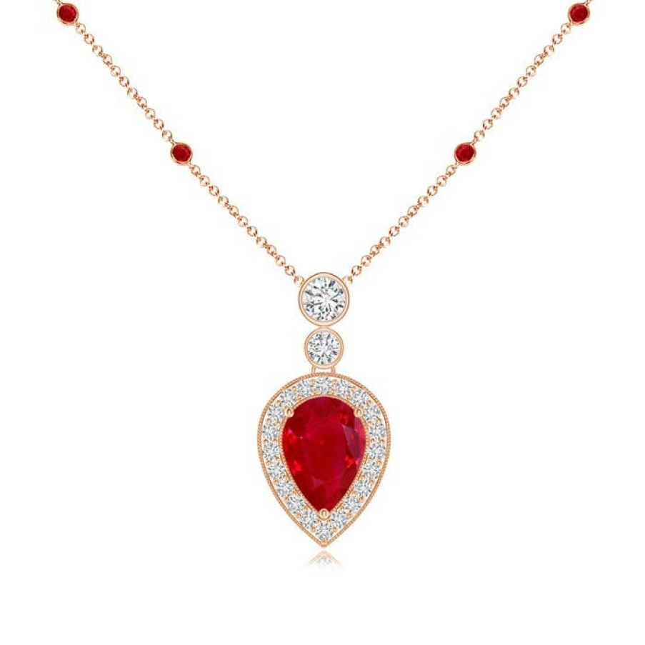 Necklaces Angara Ruby | Inverted Pear Ruby Necklace With Diamonds