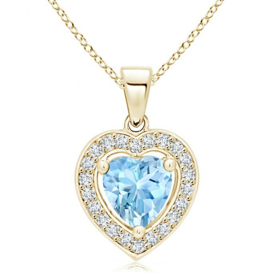 Necklaces Angara Aquamarine | Floating Aquamarine Heart Pendant With Diamond Halo