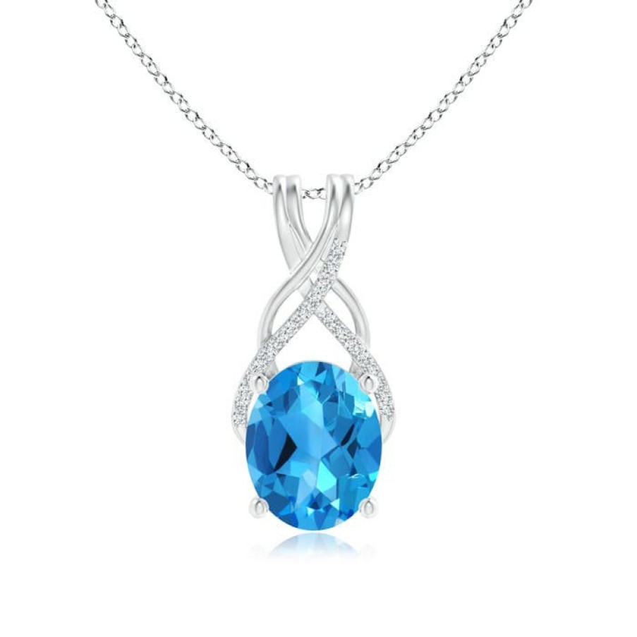 Necklaces Angara Swiss Blue Topaz | Oval Swiss Blue Topaz Criss Cross Pendant With Diamonds