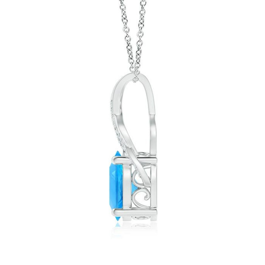 Necklaces Angara Swiss Blue Topaz | Oval Swiss Blue Topaz Criss Cross Pendant With Diamonds