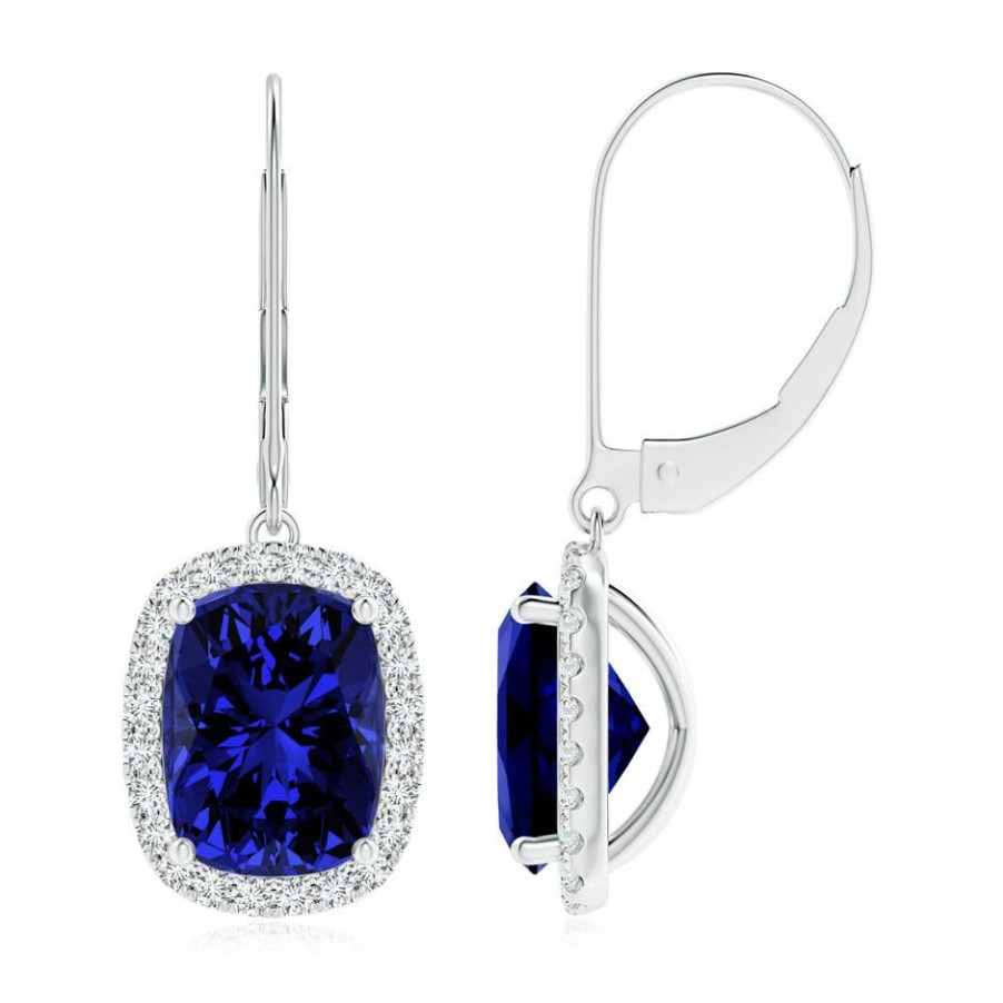 Earrings Angara Blue Sapphire | Lab-Grown Cushion Blue Sapphire Leverback Earrings With Lab Diamond Halo