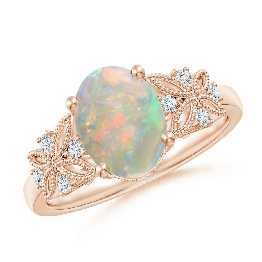 Rings Angara Opal | Vintage Style Oval Opal Ring With Diamonds