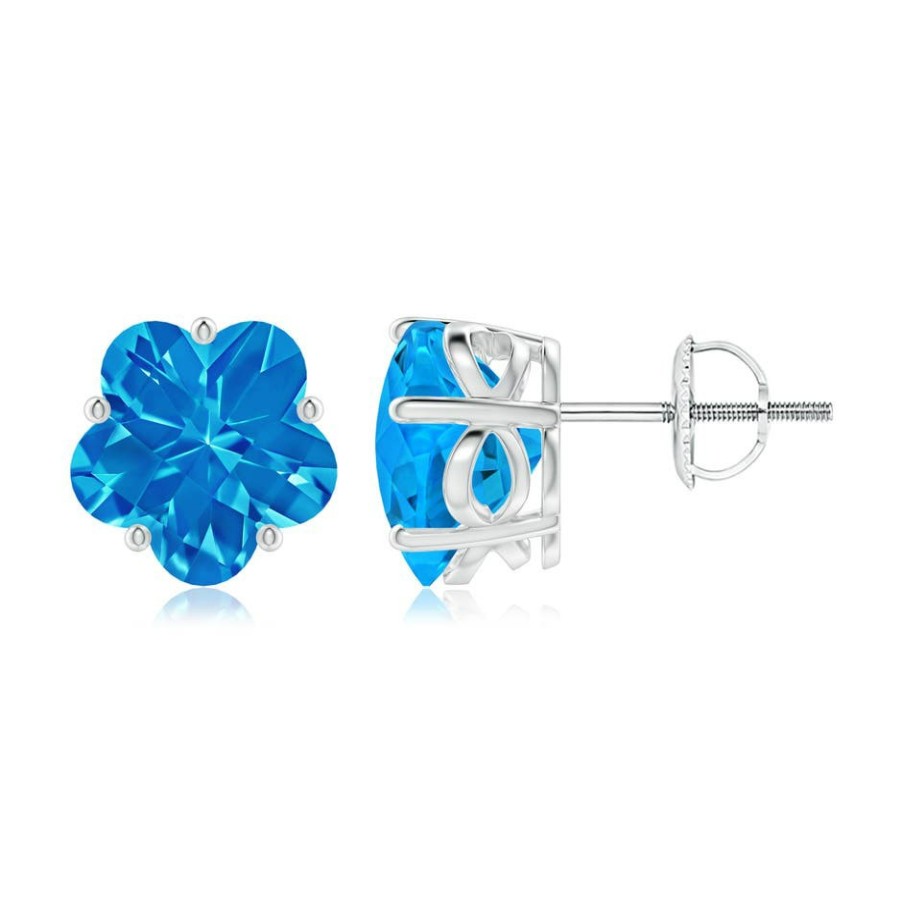 Earrings Angara Swiss Blue Topaz | Classic Five-Petal Flower Swiss Blue Topaz Stud Earrings